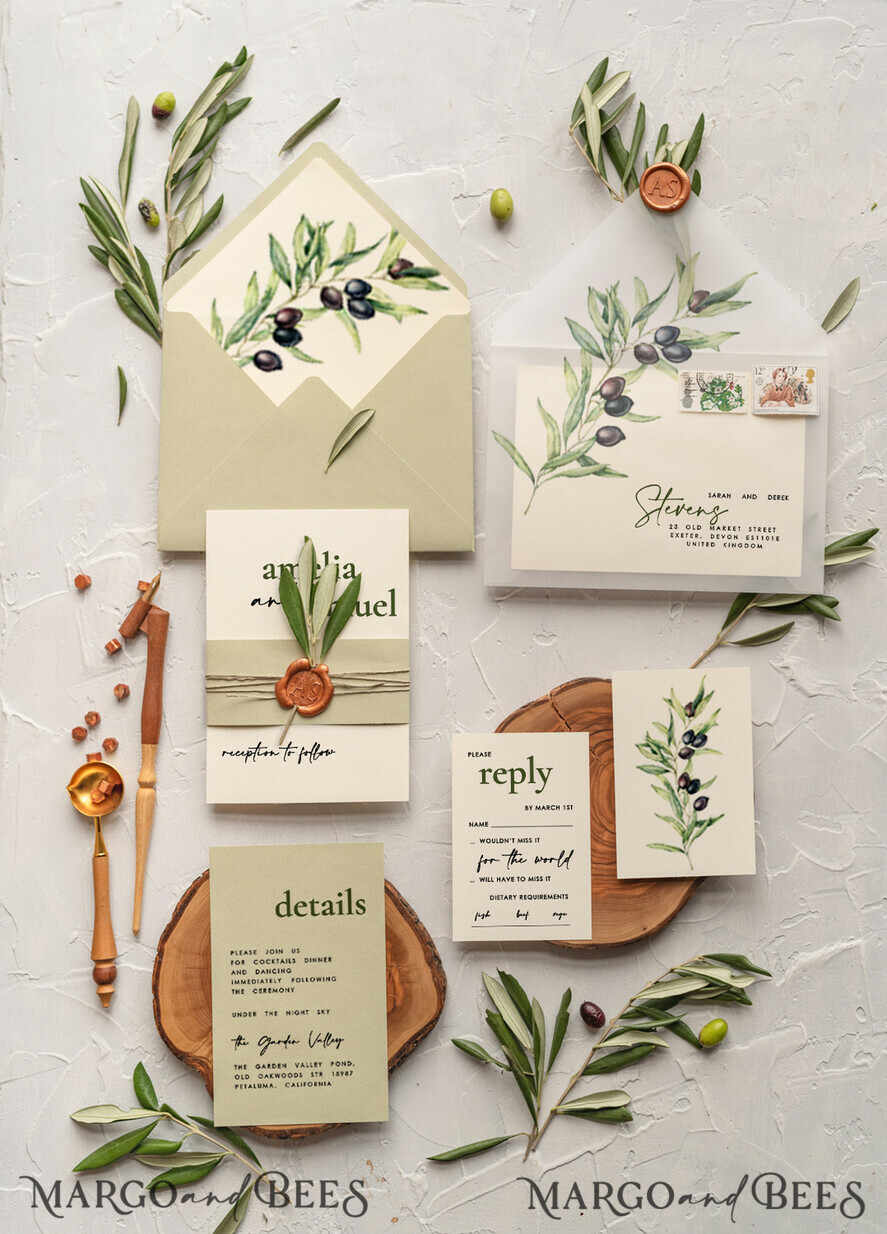 HOCHZEITS EINLADUNGEN Moderne Einladungen Florale Karten Handgemachte Hochzeits Einladung, Oliven Toskana Hochzeits Einladungen, Griechische Reise Hochzeits Stationery, Natürliche Oliven Luxus Hochzeits Einladungen