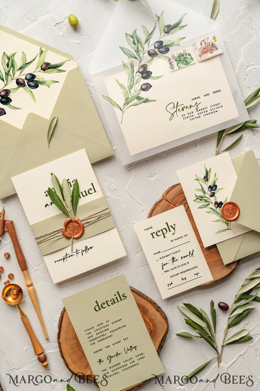 HOCHZEITS EINLADUNGEN Moderne Einladungen Florale Karten Handgemachte Hochzeits Einladung, Oliven Toskana Hochzeits Einladungen, Griechische Reise Hochzeits Stationery, Natürliche Oliven Luxus Hochzeits Einladungen