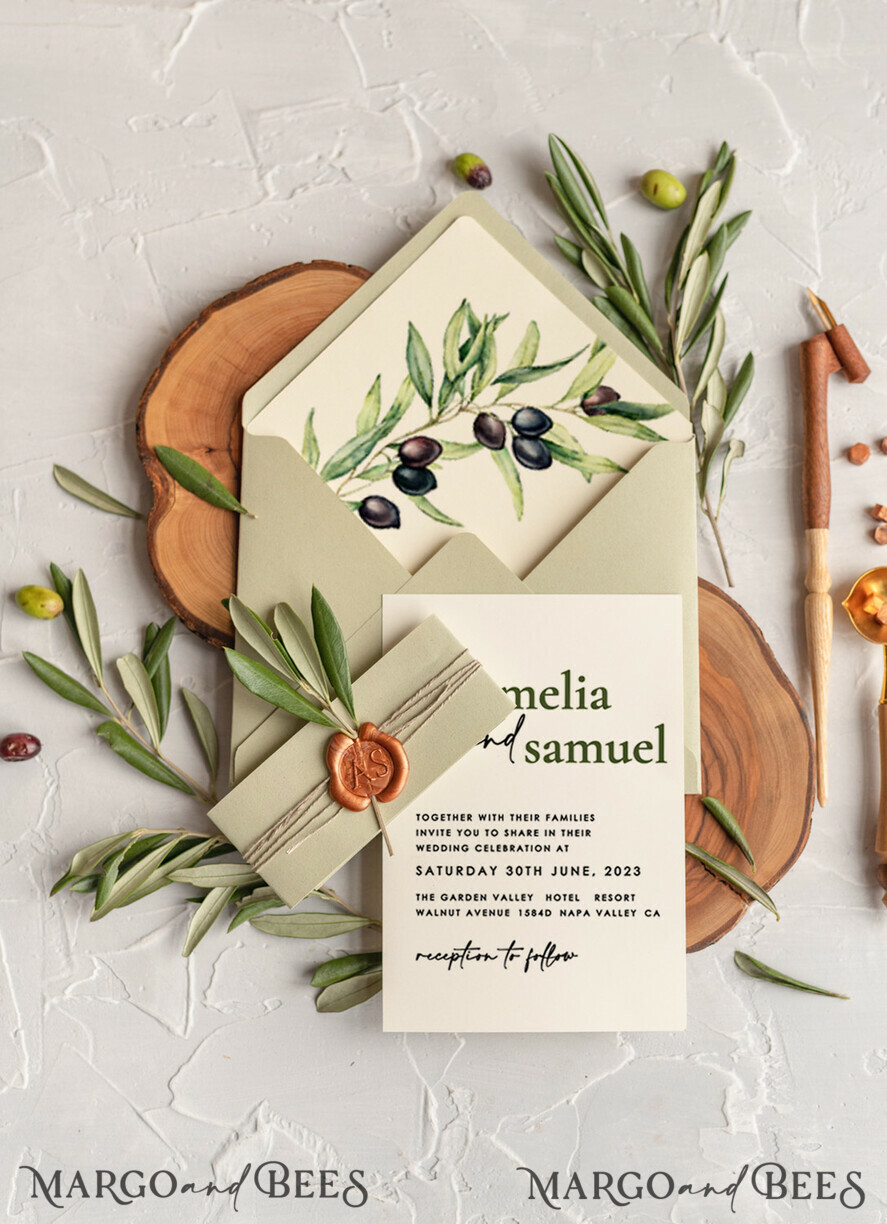 HOCHZEITS EINLADUNGEN Moderne Einladungen Florale Karten Handgemachte Hochzeits Einladung, Oliven Toskana Hochzeits Einladungen, Griechische Reise Hochzeits Stationery, Natürliche Oliven Luxus Hochzeits Einladungen