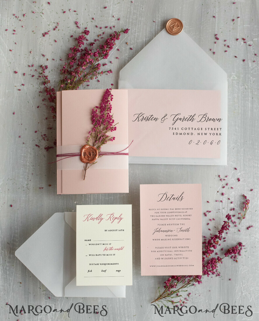 HOCHZEITS EINLADUNGEN Moderne Einladungen Florale Karten Romantische Hochzeitskarten in Blush Pink, elegante Hochzeits Einladung Suite mit Heidekraut, zarte Vellum Hochzeitskarten, minimalistische Hochzeitseinladungen