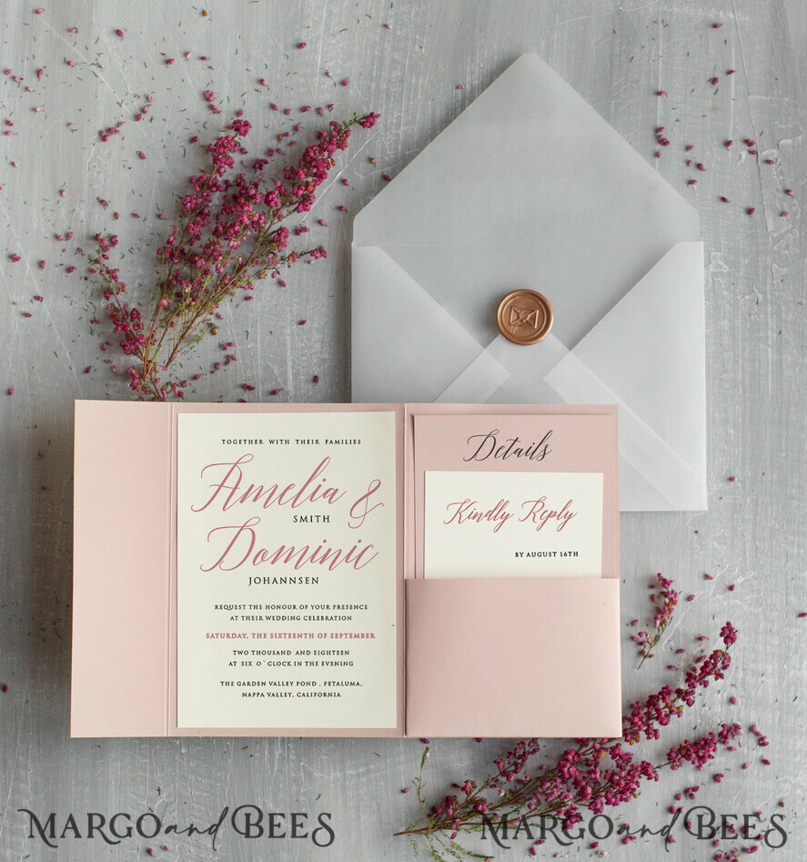 HOCHZEITS EINLADUNGEN Moderne Einladungen Florale Karten Romantische Hochzeitskarten in Blush Pink, elegante Hochzeits Einladung Suite mit Heidekraut, zarte Vellum Hochzeitskarten, minimalistische Hochzeitseinladungen