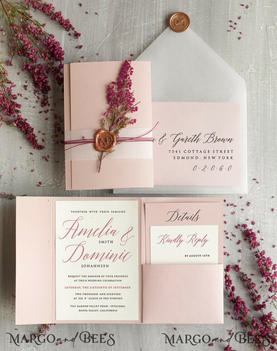 HOCHZEITS EINLADUNGEN Moderne Einladungen Florale Karten Romantische Hochzeitskarten in Blush Pink, elegante Hochzeits Einladung Suite mit Heidekraut, zarte Vellum Hochzeitskarten, minimalistische Hochzeitseinladungen