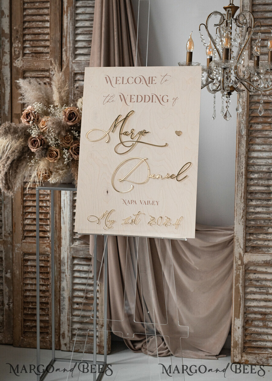 TISCHPLÄNE UND WILLKOMMENSCHILDER FÜR HOCHZEITEN rustikal rustikales Holz & Gold Hochzeitswillkommensschild, Boho Goldene Hochzeitsdekoration, personalisiertes Hochzeitsschild, Hochzeitsboard, Willkommenshochzeitsboard