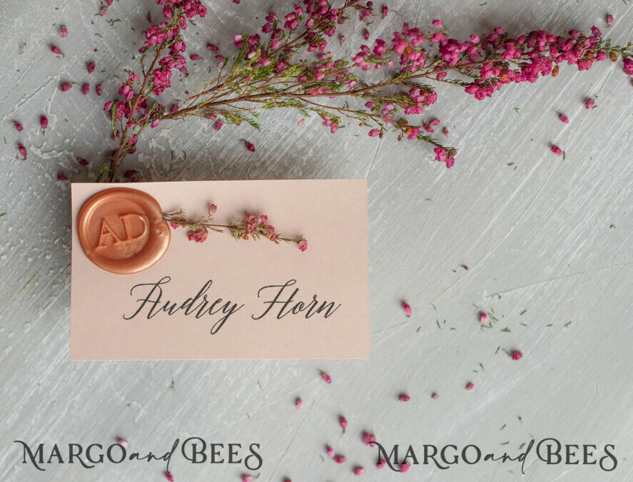 PLATZKARTEN / TISCHKARTEN  
 Romantisches Boho/ Botanisch/ Floral Elegante Blush-Rosa-Hochzeitsplatzkarte mit einem Wachssiegel, individuell handgefertigte Hochzeitsplatzkarten, florale Hochzeitsnamensschilder, elegante Tischdekoration, botanische Namensschilder.