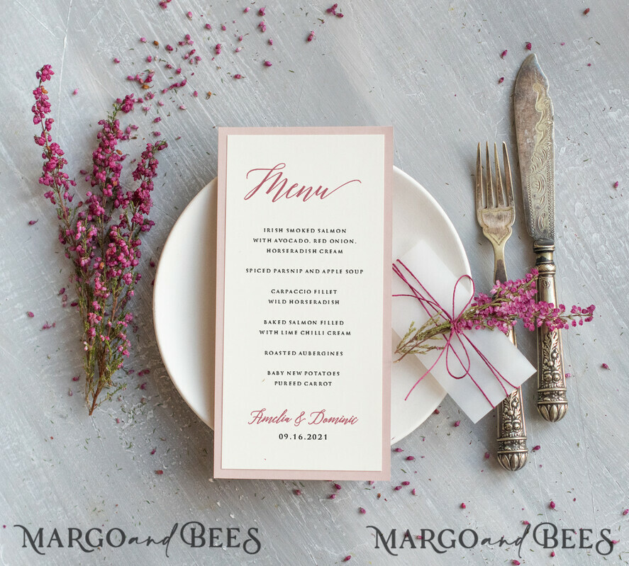MENÜ & PROGRAMME  
 romantisch Romantisches Ecru- und Blush-Pink-Hochzeitsmenü, elegantes Abendmenü mit Heidekraut, zartes florales Boho-Menü mit Transparentpapier und Schnur, einzigartiges minimalistische Hochzeitsmenü.
