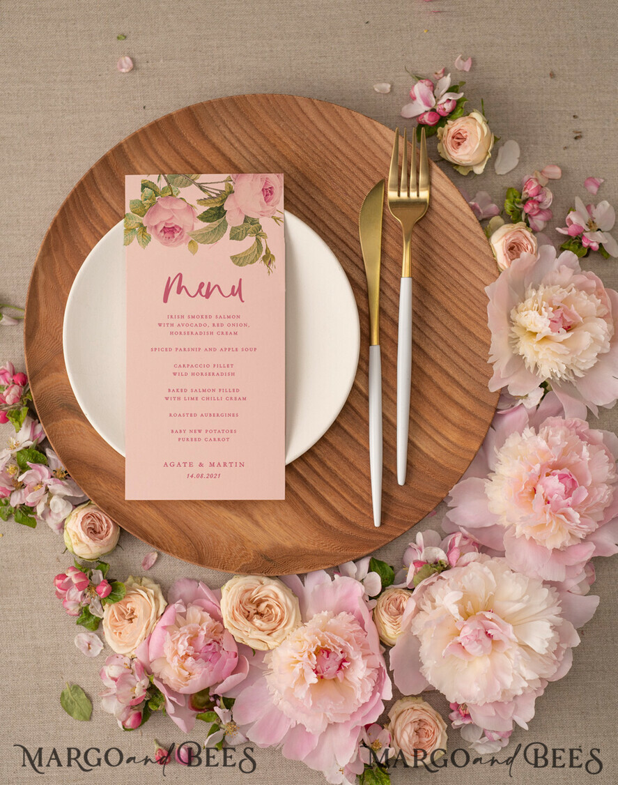 MENÜ & PROGRAMME  
 romantisch Rosa Minimalistisches Hochzeitsmenü, Pink Boho Florales Hochzeitsmenü, Handgemachtes Grünery Menü, Aquarell Sanfte Rosa Blumen, Einfaches Blumen Hochzeitsdinner Menü