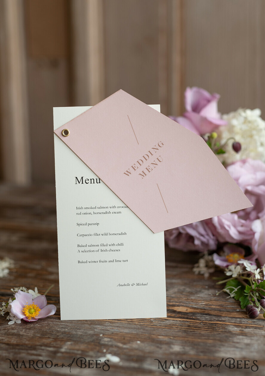 MENÜ & PROGRAMME  
 romantisch Geometrisches minimalistisches Hochzeitsmenü, individuelle Blush- und Elfenbein-Doppelt-Menükarten, modernes handgefertigtes geometrisches Hochzeitsmenü, einfaches rosa und ecrufarbenes Hochzeitsmenükarten.