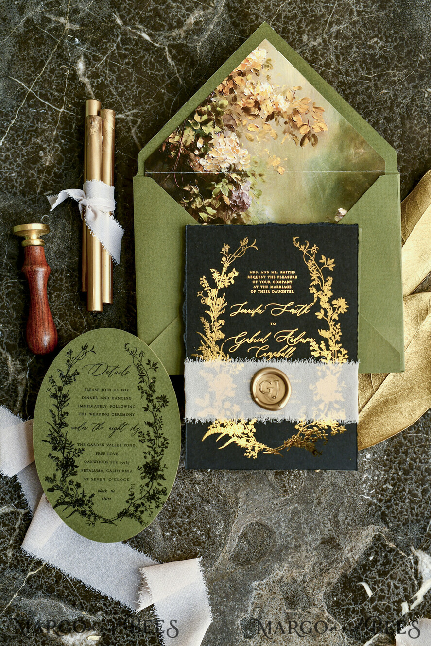 HOCHZEITS EINLADUNGEN moderne Kalligraphie / feine Kunst Salbeigrüne Fine Art Hochzeitskarten mit Blattgold, unregelmäßigen Kanten, RSVP QR-Code, Seidenband, maßgeschneiderte elegante Hochzeitssuite