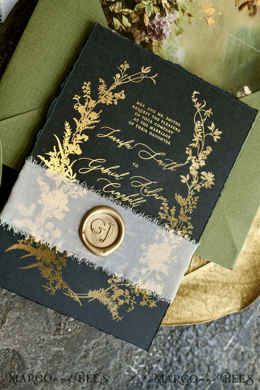 HOCHZEITS EINLADUNGEN moderne Kalligraphie / feine Kunst Salbeigrüne Fine Art Hochzeitskarten mit Blattgold, unregelmäßigen Kanten, RSVP QR-Code, Seidenband, maßgeschneiderte elegante Hochzeitssuite