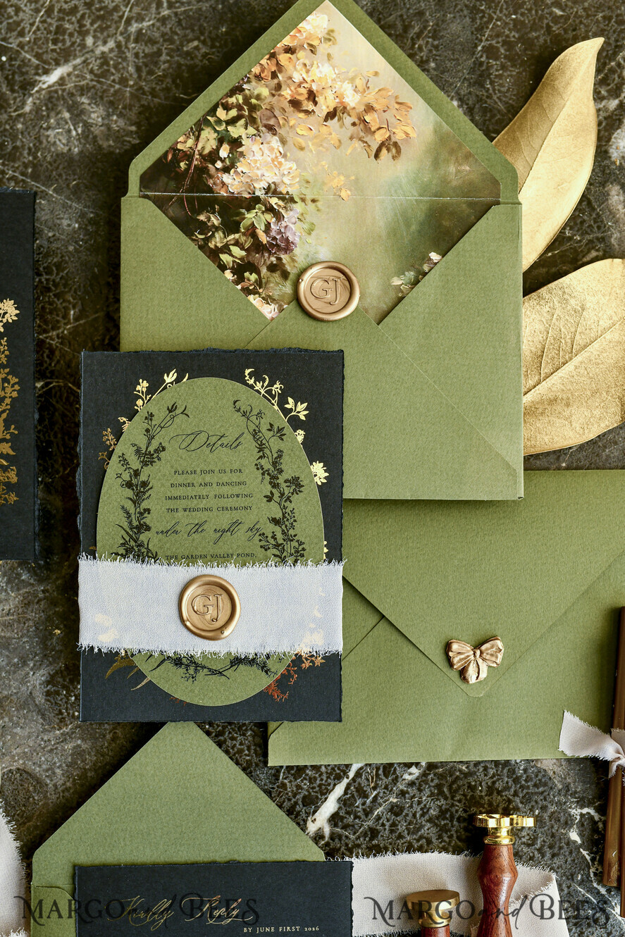 HOCHZEITS EINLADUNGEN moderne Kalligraphie / feine Kunst Salbeigrüne Fine Art Hochzeitskarten mit Blattgold, unregelmäßigen Kanten, RSVP QR-Code, Seidenband, maßgeschneiderte elegante Hochzeitssuite
