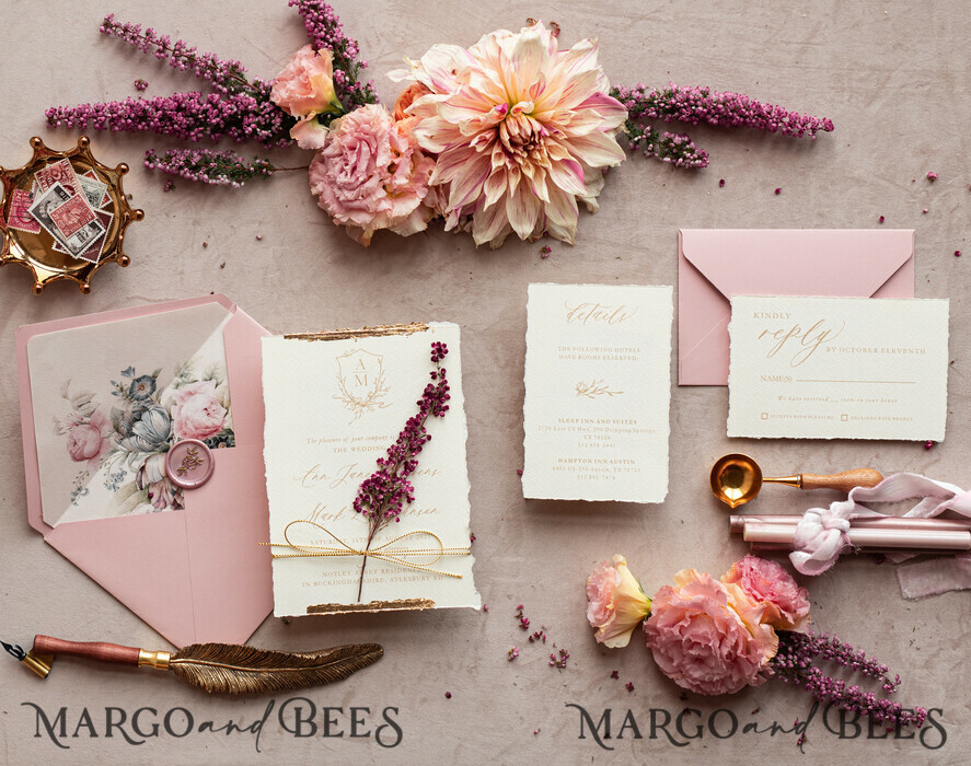 HOCHZEITS EINLADUNGEN moderne Kalligraphie / feine Kunst Feine Kunst Elfenbein Gold Hochzeitskarte, Echte Heide Blumen Hochzeitskarte, Französische Provence Einladungskollektion, Kranz Monogramm Hochzeitskarte Set, Zinnenrand Einladungen, Zerrissene Kante Hochzeitskarten gold, Feine Kunst Hochzeitskarten Set, Zinnenrand Papier