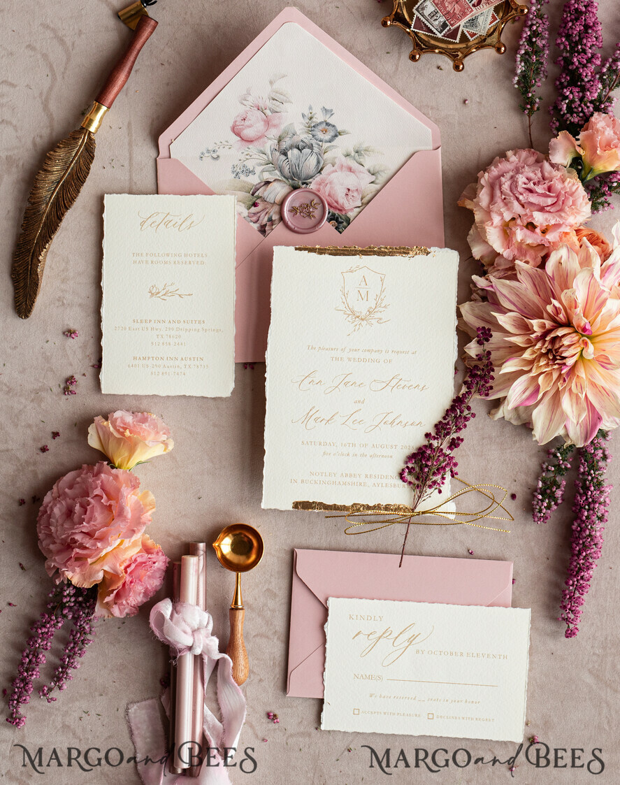 HOCHZEITS EINLADUNGEN moderne Kalligraphie / feine Kunst Feine Kunst Elfenbein Gold Hochzeitskarte, Echte Heide Blumen Hochzeitskarte, Französische Provence Einladungskollektion, Kranz Monogramm Hochzeitskarte Set, Zinnenrand Einladungen, Zerrissene Kante Hochzeitskarten gold, Feine Kunst Hochzeitskarten Set, Zinnenrand Papier