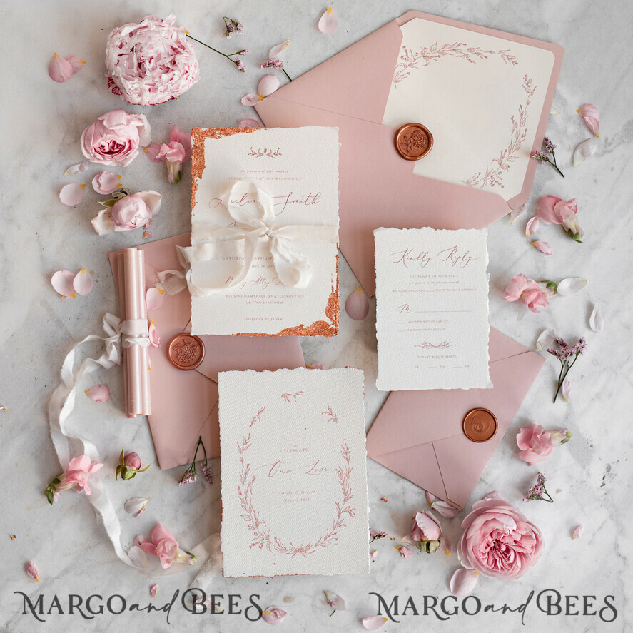 HOCHZEITS EINLADUNGEN moderne Kalligraphie / feine Kunst Feine Kunst Elfenbein Gold Hochzeitseinladung, Florale Hochzeitseinladung, Vintage Einladungssuite, Blush Pink Hochzeitseinladungssuite, Gezackte Einladungen