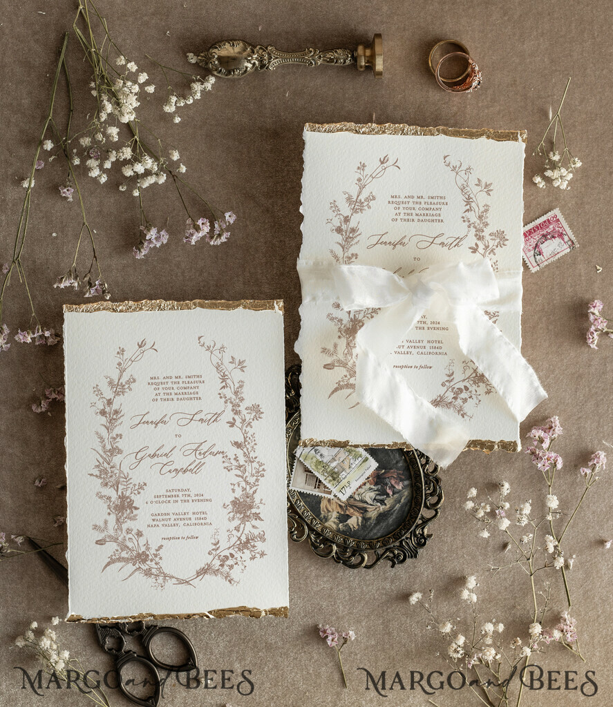 HOCHZEITS EINLADUNGEN moderne Kalligraphie / feine Kunst Beige Gold Hochzeits Einladung, Florale Hochzeits Einladung, Feine Kunst Vintage Florale Einladung Suite, Kranz Hochzeits Einladung Suite, Zerrissene Kante Einladungen