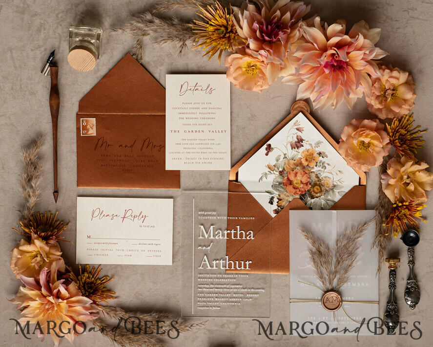 HOCHZEITS EINLADUNGEN moderne Kalligraphie / feine Kunst Herbst Terracotta Acryl Hochzeitskarten Set, Echte Pampasgras Florale Hochzeitskarten, Kupfer Französische Provence Einladungset, Rost Pampasgras Boho Hochzeitskarten Set, Moderne Fein Kunst Burnt Orange Hochzeitskarten Set