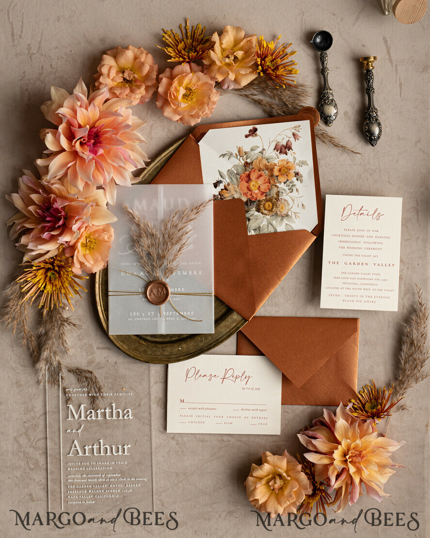 HOCHZEITS EINLADUNGEN moderne Kalligraphie / feine Kunst Herbst Terracotta Acryl Hochzeitskarten Set, Echte Pampasgras Florale Hochzeitskarten, Kupfer Französische Provence Einladungset, Rost Pampasgras Boho Hochzeitskarten Set, Moderne Fein Kunst Burnt Orange Hochzeitskarten Set