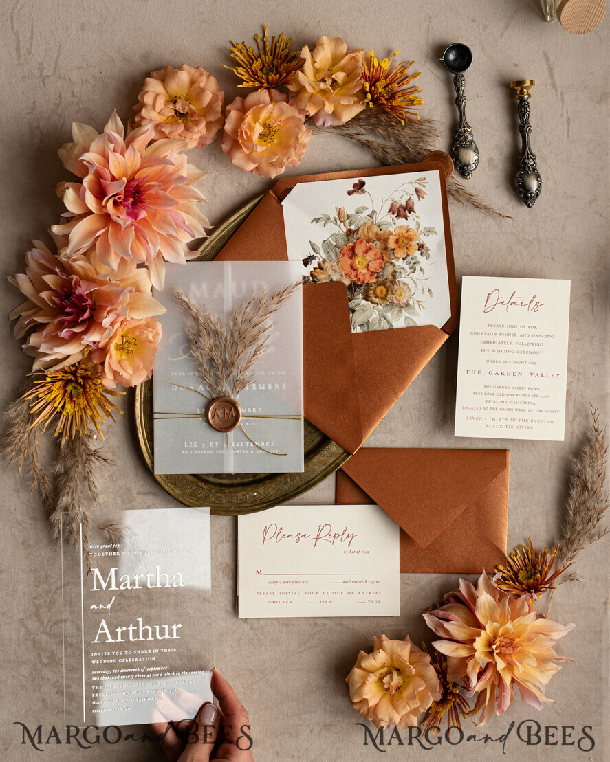 HOCHZEITS EINLADUNGEN moderne Kalligraphie / feine Kunst Herbst Terracotta Acryl Hochzeitskarten Set, Echte Pampasgras Florale Hochzeitskarten, Kupfer Französische Provence Einladungset, Rost Pampasgras Boho Hochzeitskarten Set, Moderne Fein Kunst Burnt Orange Hochzeitskarten Set