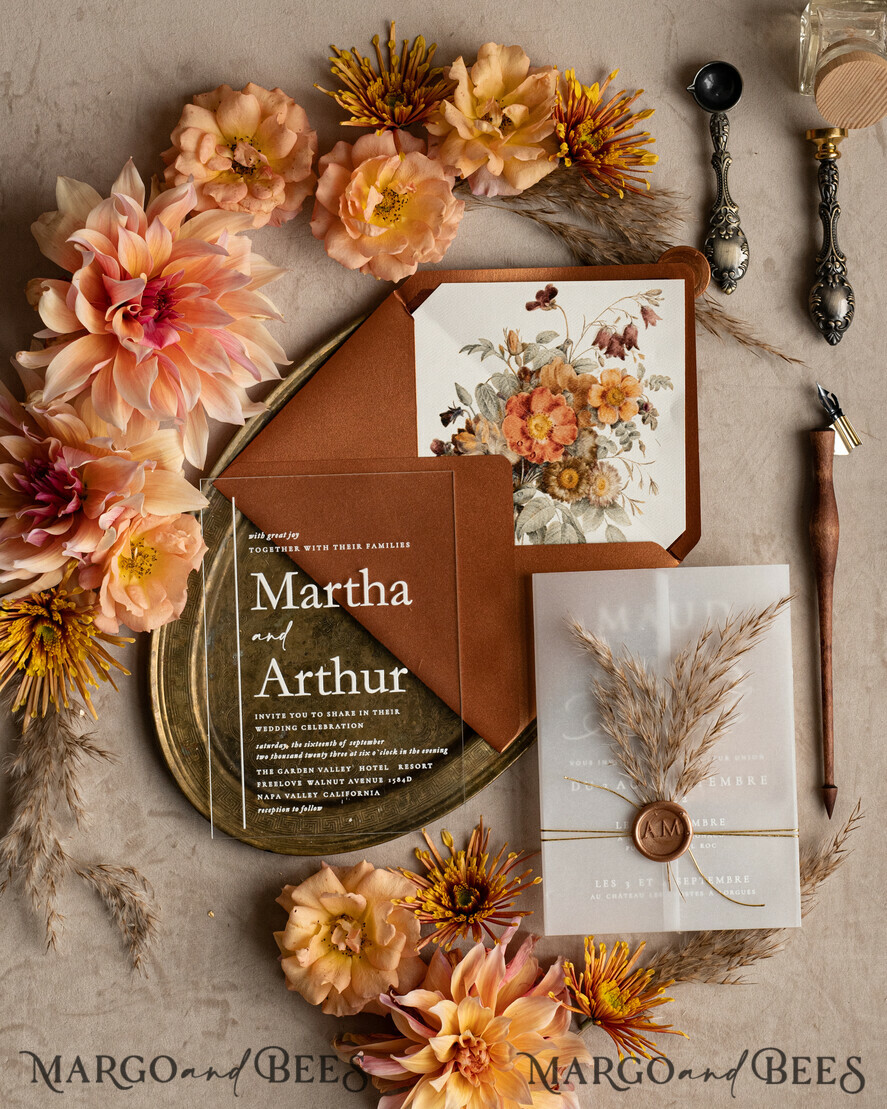 HOCHZEITS EINLADUNGEN moderne Kalligraphie / feine Kunst Herbst Terracotta Acryl Hochzeitskarten Set, Echte Pampasgras Florale Hochzeitskarten, Kupfer Französische Provence Einladungset, Rost Pampasgras Boho Hochzeitskarten Set, Moderne Fein Kunst Burnt Orange Hochzeitskarten Set