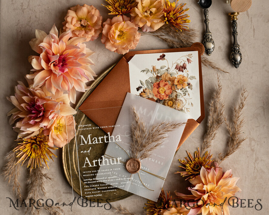 HOCHZEITS EINLADUNGEN moderne Kalligraphie / feine Kunst Herbst Terracotta Acryl Hochzeitskarten Set, Echte Pampasgras Florale Hochzeitskarten, Kupfer Französische Provence Einladungset, Rost Pampasgras Boho Hochzeitskarten Set, Moderne Fein Kunst Burnt Orange Hochzeitskarten Set