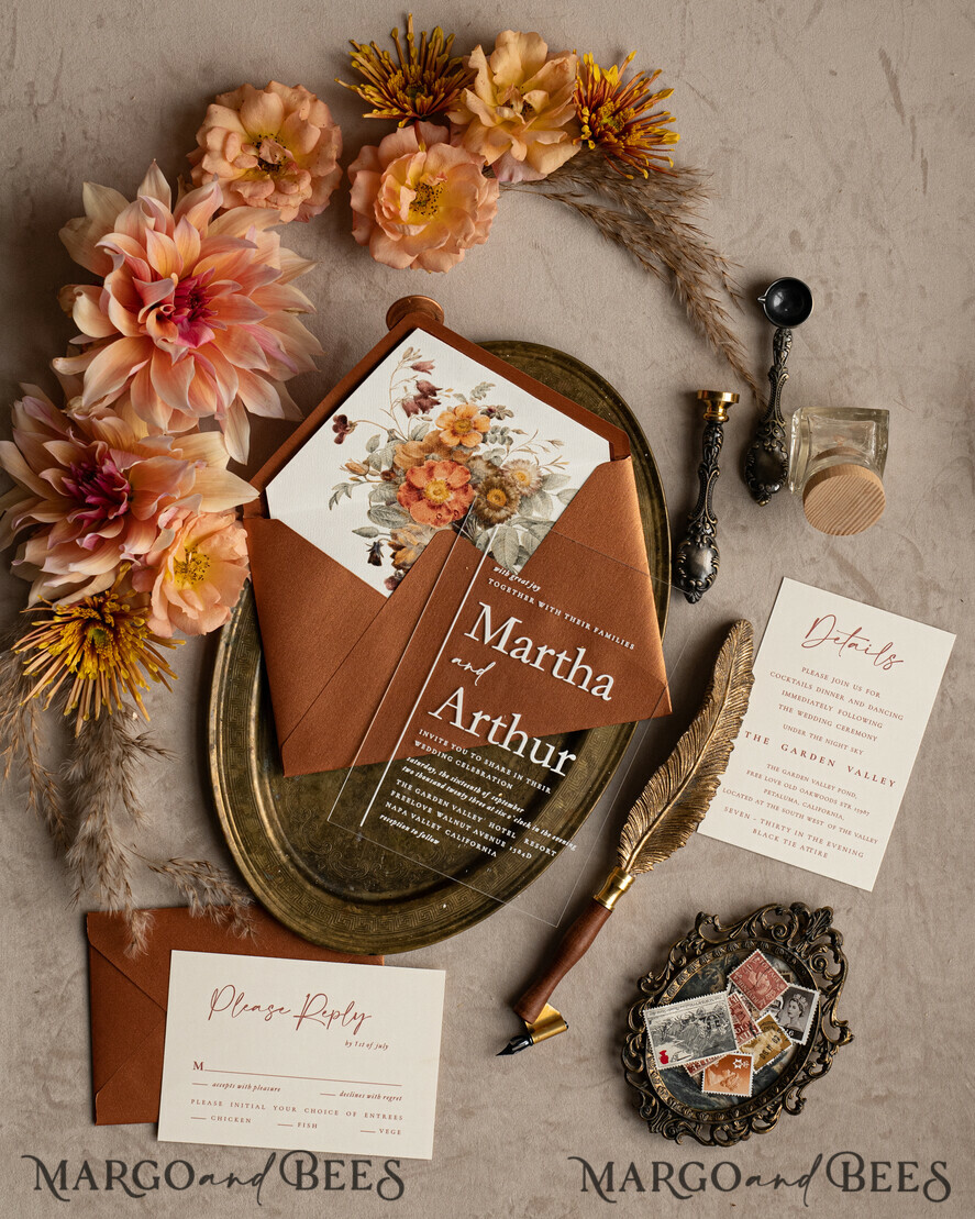 HOCHZEITS EINLADUNGEN moderne Kalligraphie / feine Kunst Herbst Terracotta Acryl Hochzeitskarten Set, Echte Pampasgras Florale Hochzeitskarten, Kupfer Französische Provence Einladungset, Rost Pampasgras Boho Hochzeitskarten Set, Moderne Fein Kunst Burnt Orange Hochzeitskarten Set