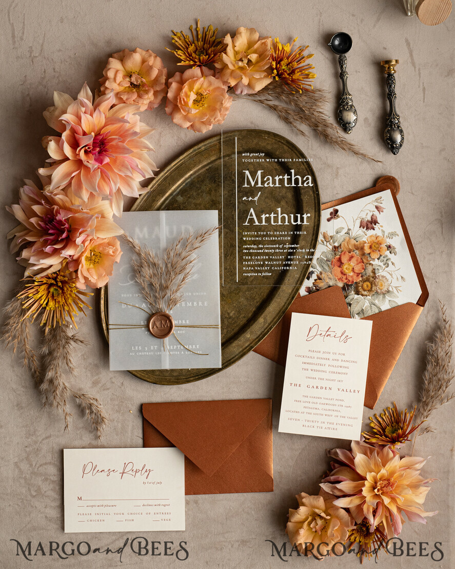 HOCHZEITS EINLADUNGEN moderne Kalligraphie / feine Kunst Herbst Terracotta Acryl Hochzeitskarten Set, Echte Pampasgras Florale Hochzeitskarten, Kupfer Französische Provence Einladungset, Rost Pampasgras Boho Hochzeitskarten Set, Moderne Fein Kunst Burnt Orange Hochzeitskarten Set