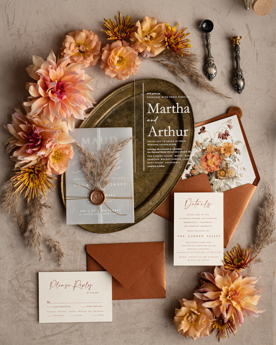HOCHZEITS EINLADUNGEN moderne Kalligraphie / feine Kunst Herbst Terracotta Acryl Hochzeitskarten Set, Echte Pampasgras Florale Hochzeitskarten, Kupfer Französische Provence Einladungset, Rost Pampasgras Boho Hochzeitskarten Set, Moderne Fein Kunst Burnt Orange Hochzeitskarten Set
