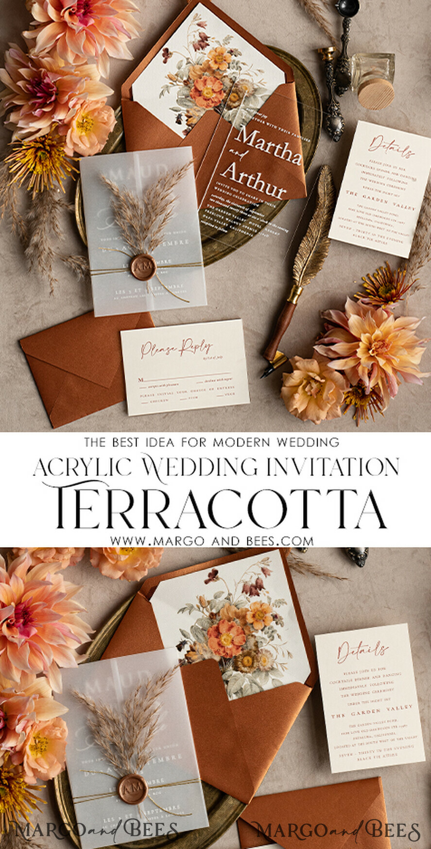 HOCHZEITS EINLADUNGEN moderne Kalligraphie / feine Kunst Herbst Terracotta Acryl Hochzeitskarten Set, Echte Pampasgras Florale Hochzeitskarten, Kupfer Französische Provence Einladungset, Rost Pampasgras Boho Hochzeitskarten Set, Moderne Fein Kunst Burnt Orange Hochzeitskarten Set