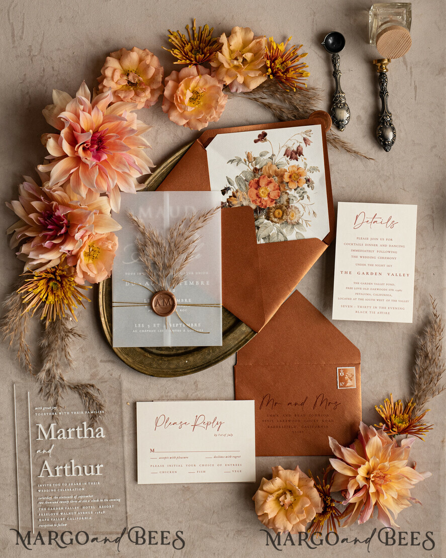HOCHZEITS EINLADUNGEN moderne Kalligraphie / feine Kunst Herbst Terracotta Acryl Hochzeitskarten Set, Echte Pampasgras Florale Hochzeitskarten, Kupfer Französische Provence Einladungset, Rost Pampasgras Boho Hochzeitskarten Set, Moderne Fein Kunst Burnt Orange Hochzeitskarten Set