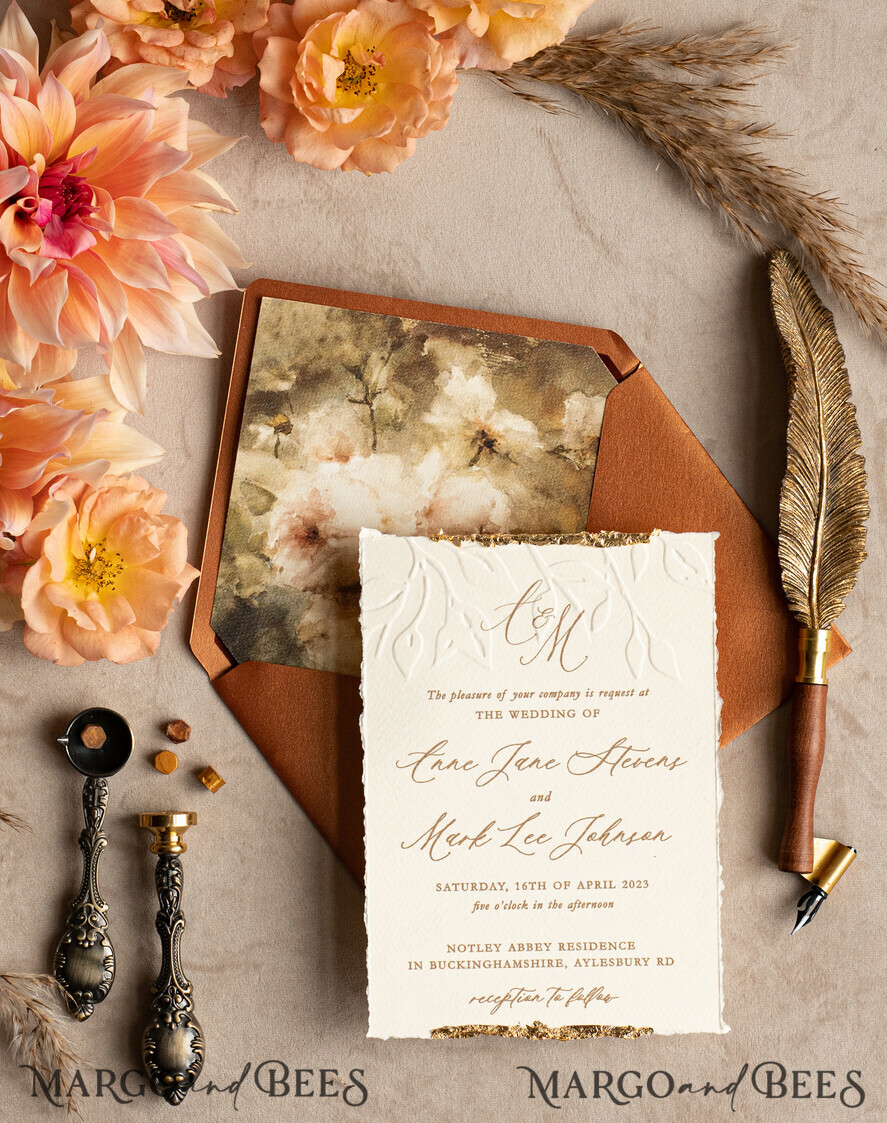 HOCHZEITS EINLADUNGEN moderne Kalligraphie / feine Kunst Fall Fine Art Prägung Elfenbein Gold Hochzeitseinladung, Pampasgras Florale Hochzeitseinladung, Boho Brandorange Einladungssatz, Wachssiegel Monogramm Hochzeitseinladungssatz, Gerissene Kante Einladungen, Zerrissene Kante Hochzeitseinladungen golden.