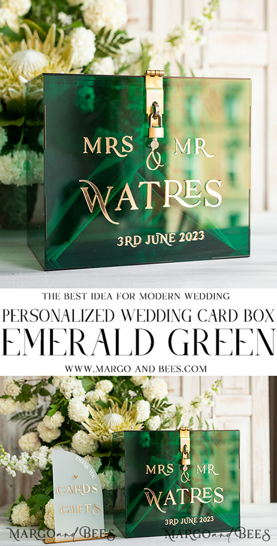 KARTONBOXEN  
 Acrylkartenbox Elegante smaragdgrüne Hochzeitsset Acryl-Kartenbox mit Schloss und Schild für Karten & Geschenke, personalisierte Hochzeitskartenbox, Acryl-Hochzeitskartenbox mit Deckel in Grün.