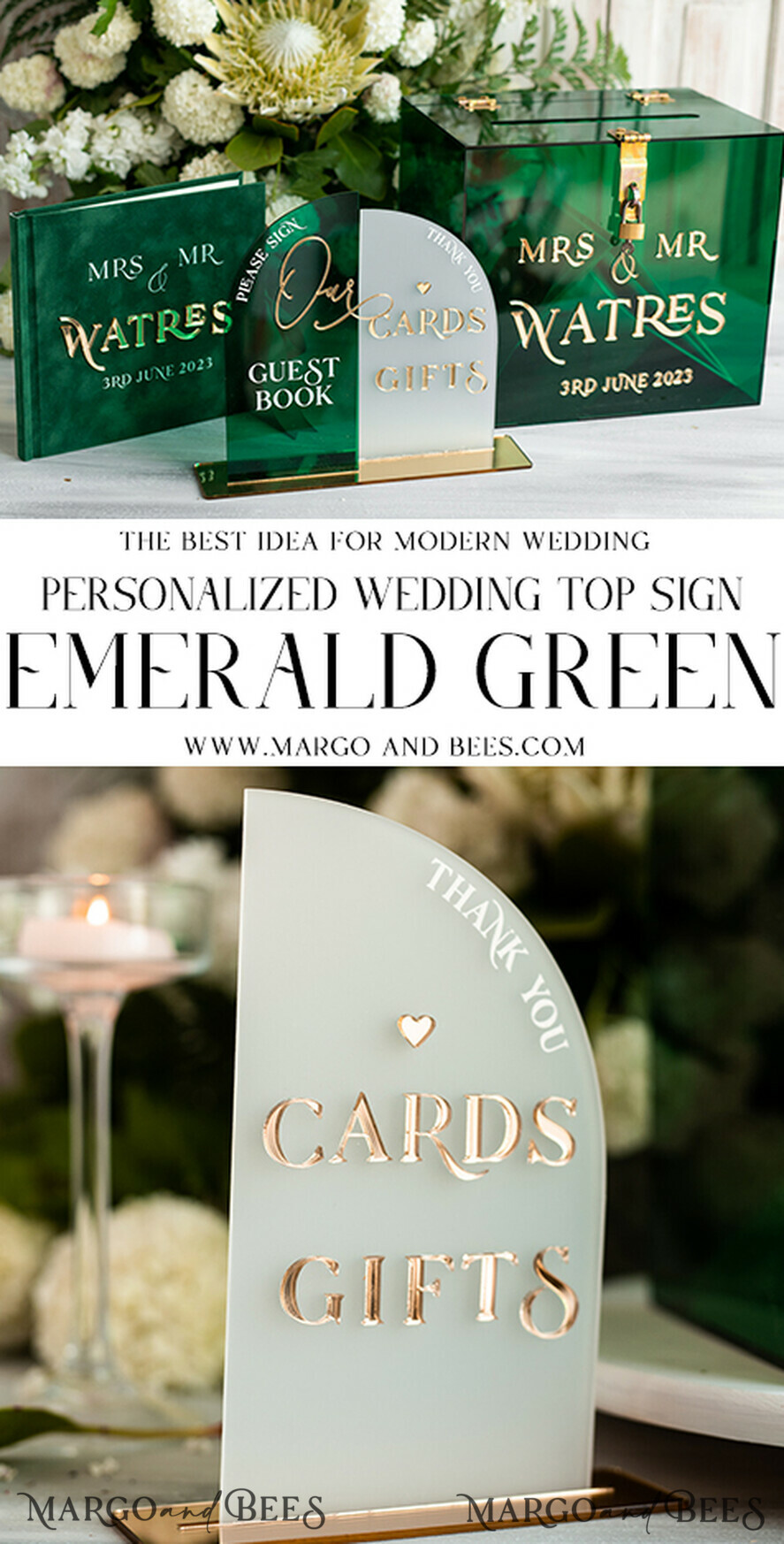 KARTONBOXEN  
 Acrylkartenbox Elegante smaragdgrüne Hochzeitsset Acryl-Kartenbox mit Schloss und Schild für Karten & Geschenke, personalisierte Hochzeitskartenbox, Acryl-Hochzeitskartenbox mit Deckel in Grün.