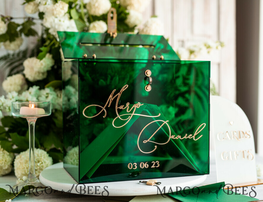 KARTONBOXEN  
 Acrylkartenbox Elegante smaragdgrüne Hochzeitsset Acryl-Kartenbox mit Schloss und Schild für Karten & Geschenke, personalisierte Hochzeitskartenbox, Acryl-Hochzeitskartenbox mit Deckel in Grün.