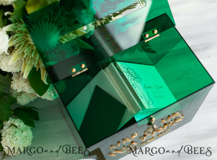 KARTONBOXEN  
 Acrylkartenbox Elegante smaragdgrüne Hochzeitsset Acryl-Kartenbox mit Schloss und Schild für Karten & Geschenke, personalisierte Hochzeitskartenbox, Acryl-Hochzeitskartenbox mit Deckel in Grün.