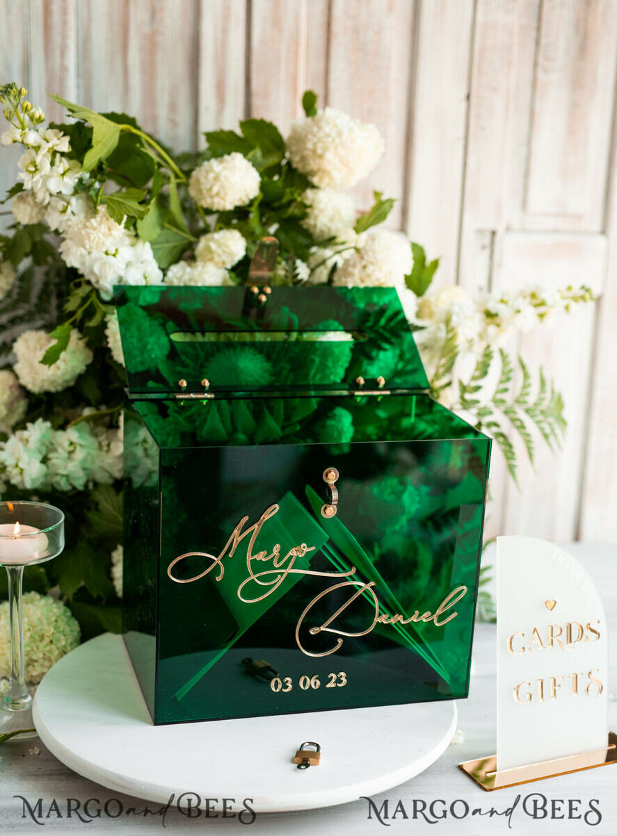 KARTONBOXEN  
 Acrylkartenbox Elegante smaragdgrüne Hochzeitsset Acryl-Kartenbox mit Schloss und Schild für Karten & Geschenke, personalisierte Hochzeitskartenbox, Acryl-Hochzeitskartenbox mit Deckel in Grün.