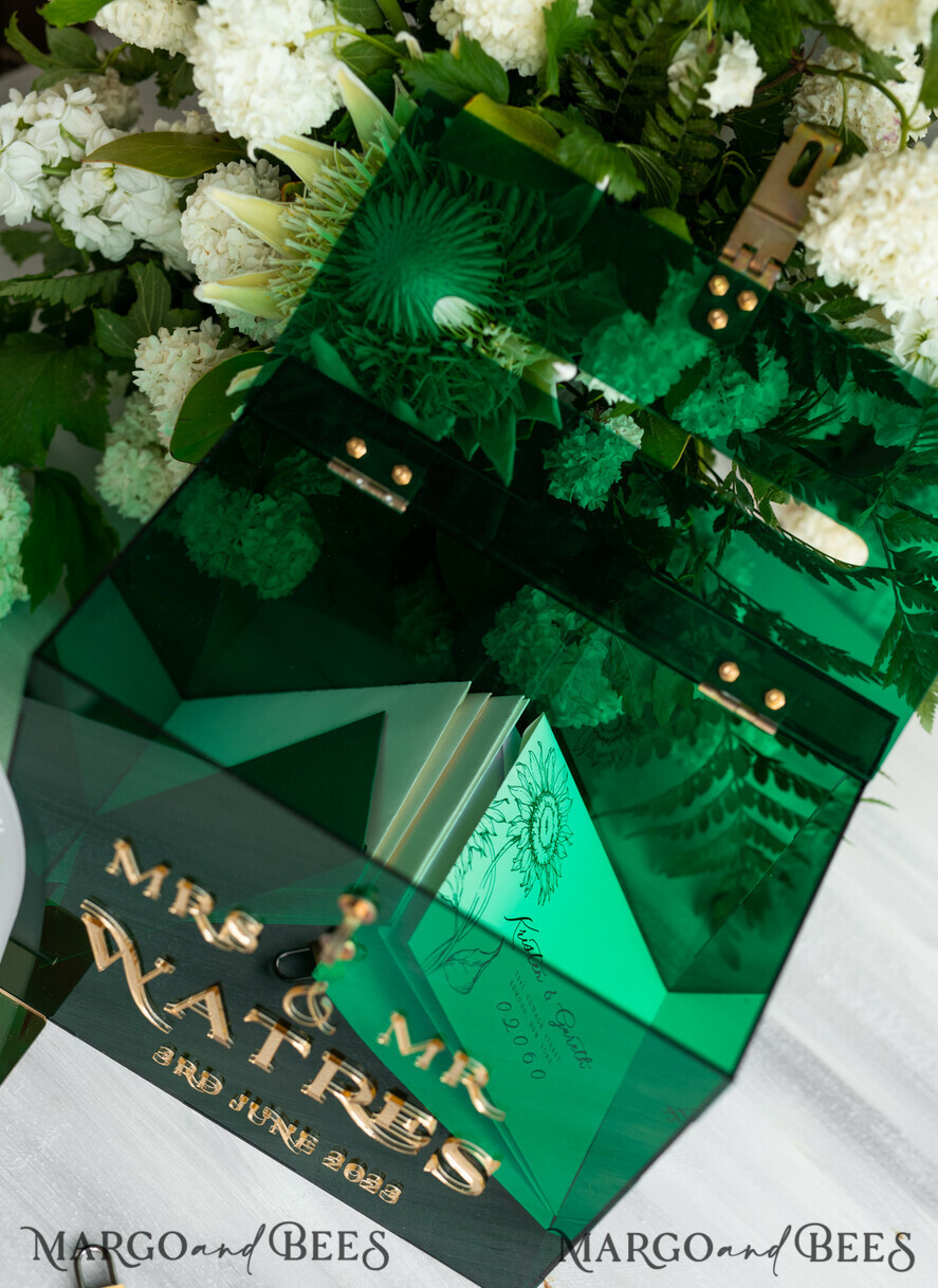 KARTONBOXEN  
 Acrylkartenbox Elegante smaragdgrüne Hochzeitsset Acryl-Kartenbox mit Schloss und Schild für Karten & Geschenke, personalisierte Hochzeitskartenbox, Acryl-Hochzeitskartenbox mit Deckel in Grün.