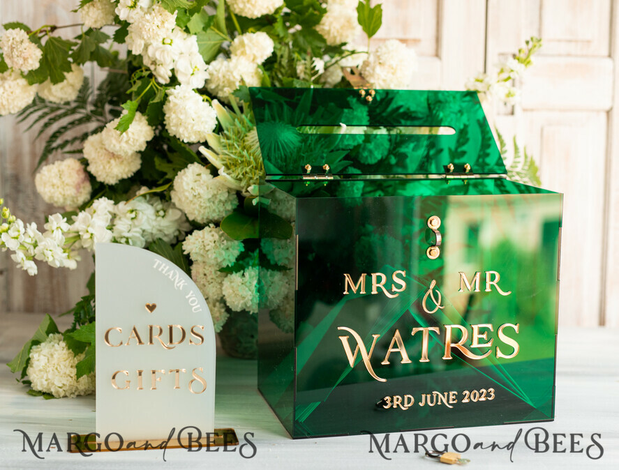 KARTONBOXEN  
 Acrylkartenbox Elegante smaragdgrüne Hochzeitsset Acryl-Kartenbox mit Schloss und Schild für Karten & Geschenke, personalisierte Hochzeitskartenbox, Acryl-Hochzeitskartenbox mit Deckel in Grün.