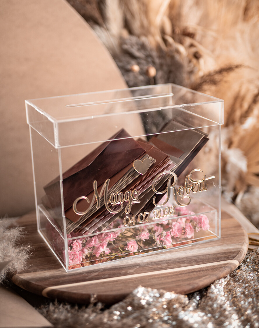 KARTONBOXEN  
 Acrylkartenbox Elegante klare Hochzeits-Wunschbrunnen-Acryl-Geldgeschenkkartenbox mit Regal für Blumen, personalisierte Hochzeitskartenbox, Acrylkartenbox, Hochzeitskartenbox mit Deckel, Hochzeitsgeldbox, Hochzeitskartenbox.