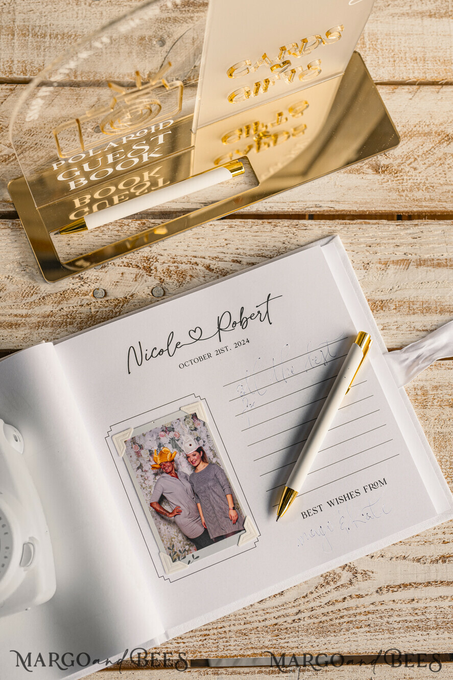 HOCHZEITS-GÄSTEBÜCHER Instax Sofortbildbuch Reines Weißes Gold-Acryl-Hochzeitsgästebuch mit personalisiertem Unterschriften-Set, Samtweißes Sofortfoto-Buch Boho Elegante Instax Hochzeitsfoto-Gästebuch