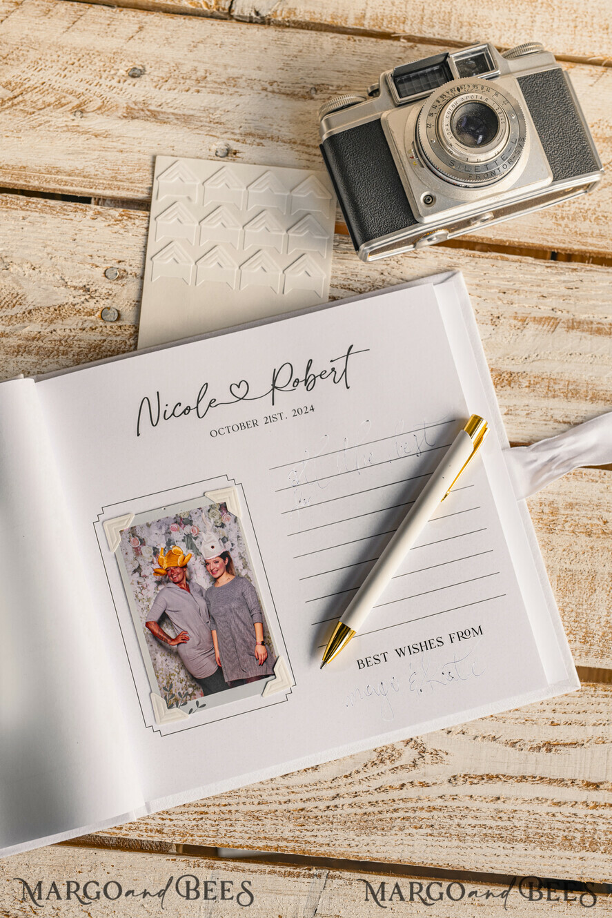 HOCHZEITS-GÄSTEBÜCHER Instax Sofortbildbuch Reines Weißes Gold-Acryl-Hochzeitsgästebuch mit personalisiertem Unterschriften-Set, Samtweißes Sofortfoto-Buch Boho Elegante Instax Hochzeitsfoto-Gästebuch