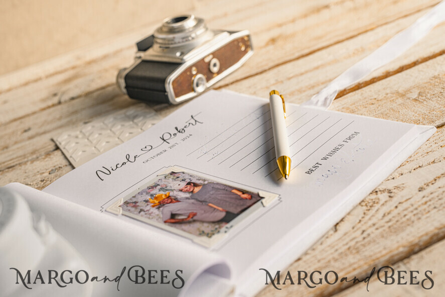 HOCHZEITS-GÄSTEBÜCHER Instax Sofortbildbuch Reines Weißes Gold-Acryl-Hochzeitsgästebuch mit personalisiertem Unterschriften-Set, Samtweißes Sofortfoto-Buch Boho Elegante Instax Hochzeitsfoto-Gästebuch