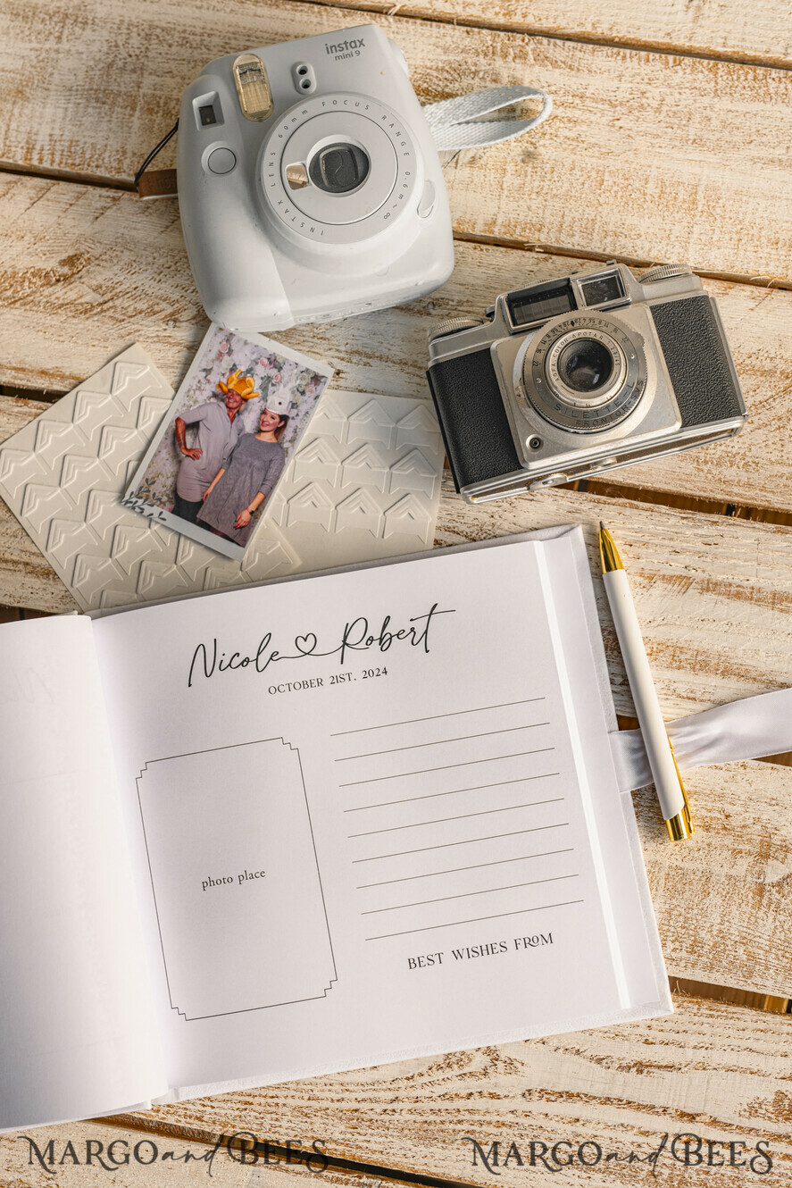HOCHZEITS-GÄSTEBÜCHER Instax Sofortbildbuch Reines Weißes Gold-Acryl-Hochzeitsgästebuch mit personalisiertem Unterschriften-Set, Samtweißes Sofortfoto-Buch Boho Elegante Instax Hochzeitsfoto-Gästebuch