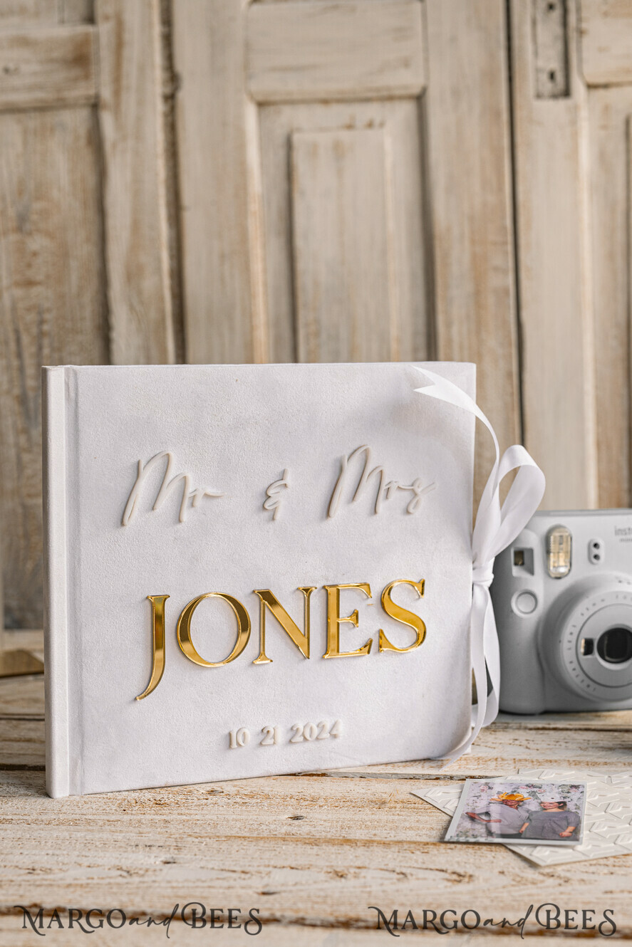 HOCHZEITS-GÄSTEBÜCHER Instax Sofortbildbuch Reines Weißes Gold-Acryl-Hochzeitsgästebuch mit personalisiertem Unterschriften-Set, Samtweißes Sofortfoto-Buch Boho Elegante Instax Hochzeitsfoto-Gästebuch