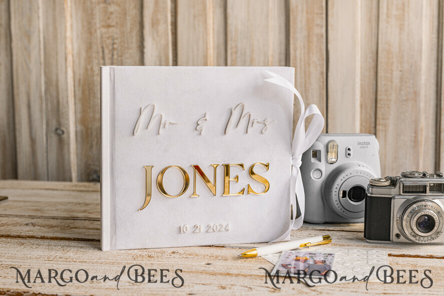 HOCHZEITS-GÄSTEBÜCHER Instax Sofortbildbuch Reines Weißes Gold-Acryl-Hochzeitsgästebuch mit personalisiertem Unterschriften-Set, Samtweißes Sofortfoto-Buch Boho Elegante Instax Hochzeitsfoto-Gästebuch