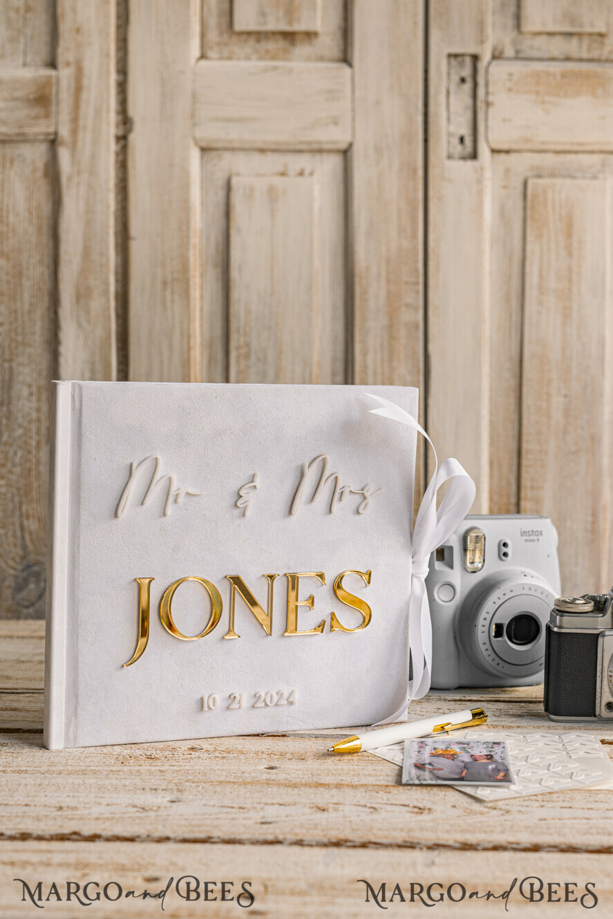 HOCHZEITS-GÄSTEBÜCHER Instax Sofortbildbuch Reines Weißes Gold-Acryl-Hochzeitsgästebuch mit personalisiertem Unterschriften-Set, Samtweißes Sofortfoto-Buch Boho Elegante Instax Hochzeitsfoto-Gästebuch