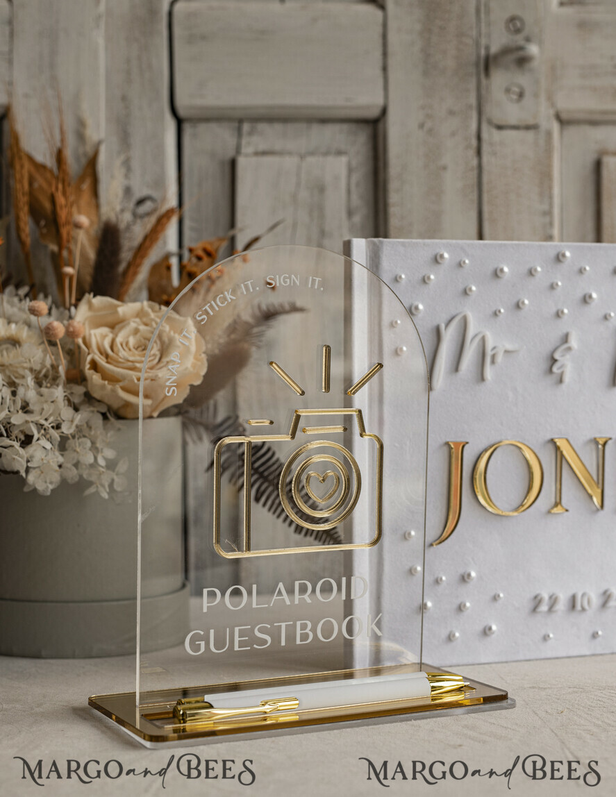 HOCHZEITS-GÄSTEBÜCHER Instax Sofortbildbuch Perlen Weißgold Acryl Hochzeitsgäste Buch Personalisiert und Unterzeichnung Set, Samt Perlen Sofortfoto Buch Boho Elegantes Instax Hochzeitsfoto Gästebuch