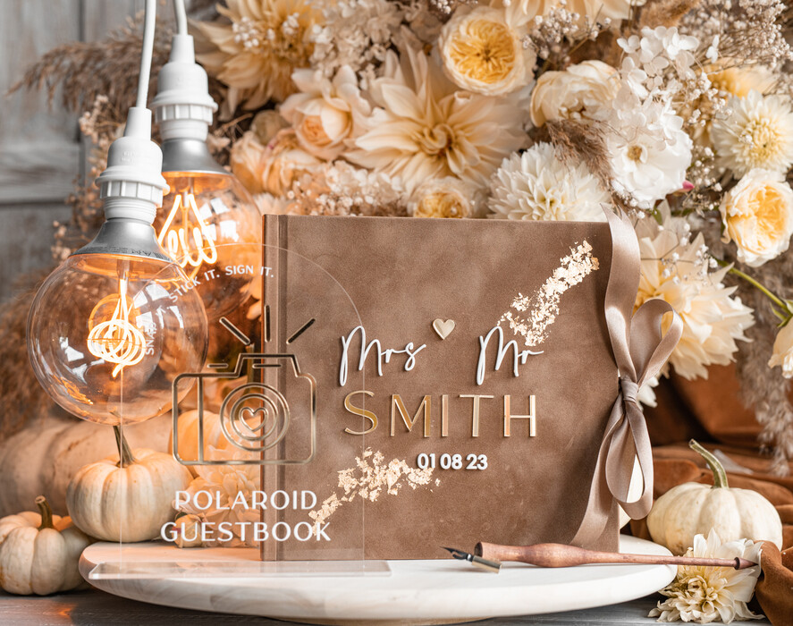 HOCHZEITS-GÄSTEBÜCHER Instax Sofortbildbuch Fall beige Gold Acryl Hochzeitsgäste Buch personalisiert und Bogen Acryl Schild Set, Tan Taupe Samt Sofortbildbuch Boho Elegant Instax Hochzeitsfoto Gästebuch, Erdige Acryl Instax Gästebuch Schild, Neutrales Samt Fotobuch