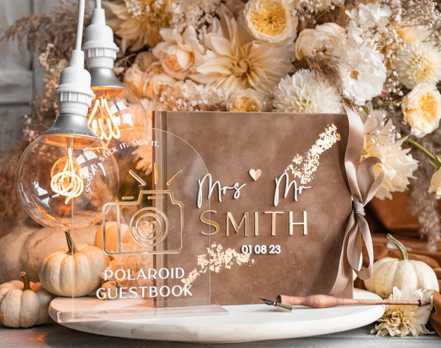 HOCHZEITS-GÄSTEBÜCHER Instax Sofortbildbuch Fall beige Gold Acryl Hochzeitsgäste Buch personalisiert und Bogen Acryl Schild Set, Tan Taupe Samt Sofortbildbuch Boho Elegant Instax Hochzeitsfoto Gästebuch, Erdige Acryl Instax Gästebuch Schild, Neutrales Samt Fotobuch