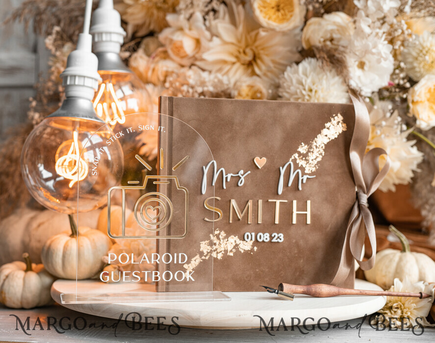 HOCHZEITS-GÄSTEBÜCHER Instax Sofortbildbuch Fall beige Gold Acryl Hochzeitsgäste Buch personalisiert und Bogen Acryl Schild Set, Tan Taupe Samt Sofortbildbuch Boho Elegant Instax Hochzeitsfoto Gästebuch, Erdige Acryl Instax Gästebuch Schild, Neutrales Samt Fotobuch