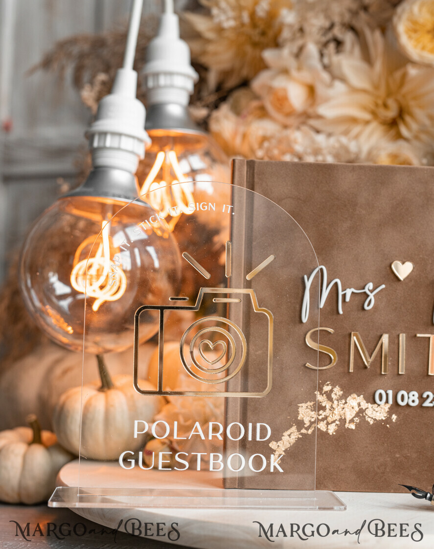 HOCHZEITS-GÄSTEBÜCHER Instax Sofortbildbuch Fall beige Gold Acryl Hochzeitsgäste Buch personalisiert und Bogen Acryl Schild Set, Tan Taupe Samt Sofortbildbuch Boho Elegant Instax Hochzeitsfoto Gästebuch, Erdige Acryl Instax Gästebuch Schild, Neutrales Samt Fotobuch