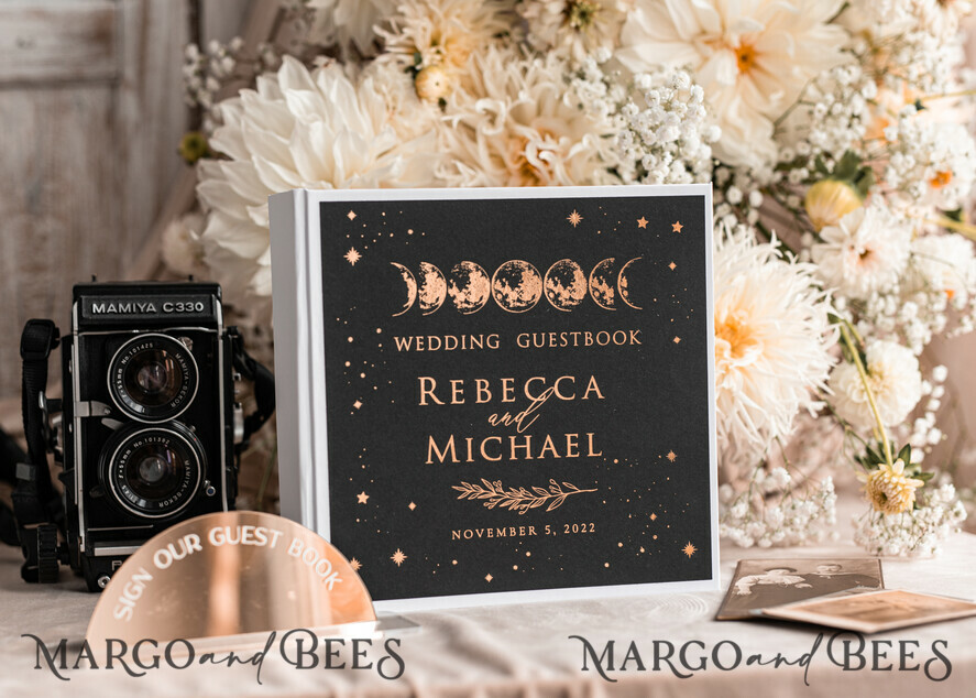 HOCHZEITS-GÄSTEBÜCHER Instax Sofortbildbuch Fotoalbum Hochzeits-Gästebuch personalisiert mit Bogen-Spiegel-Schild-Set, Schwarz Gold Sofortfoto-Buch Boho Halloween Instax Hochzeitsfoto-Gästebuch